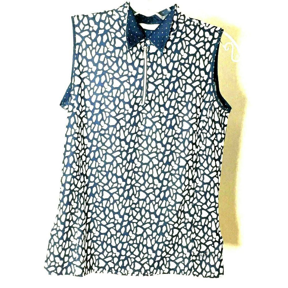 Lady Hagen Women's Golf‎ Shirt Polo Top Sleeveless 3/4 Zip Blue White Geo Sz XS